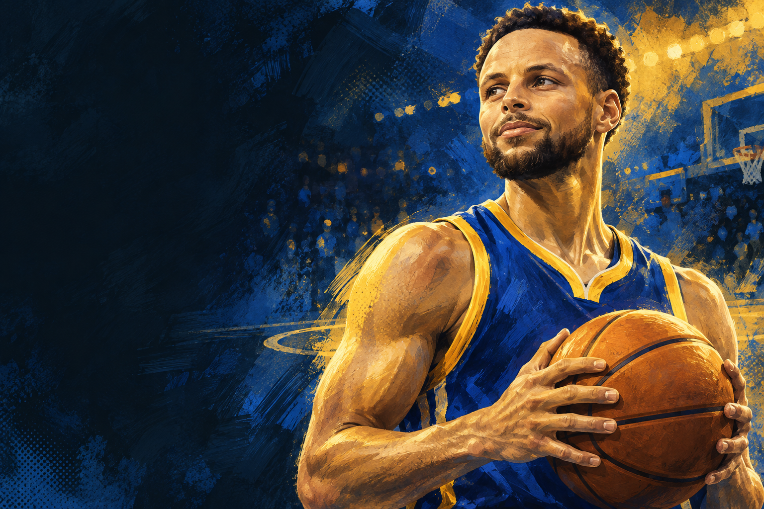 AI-generated painted portrait of Stephen Curry holding a basketball, in deep blue and gold.
