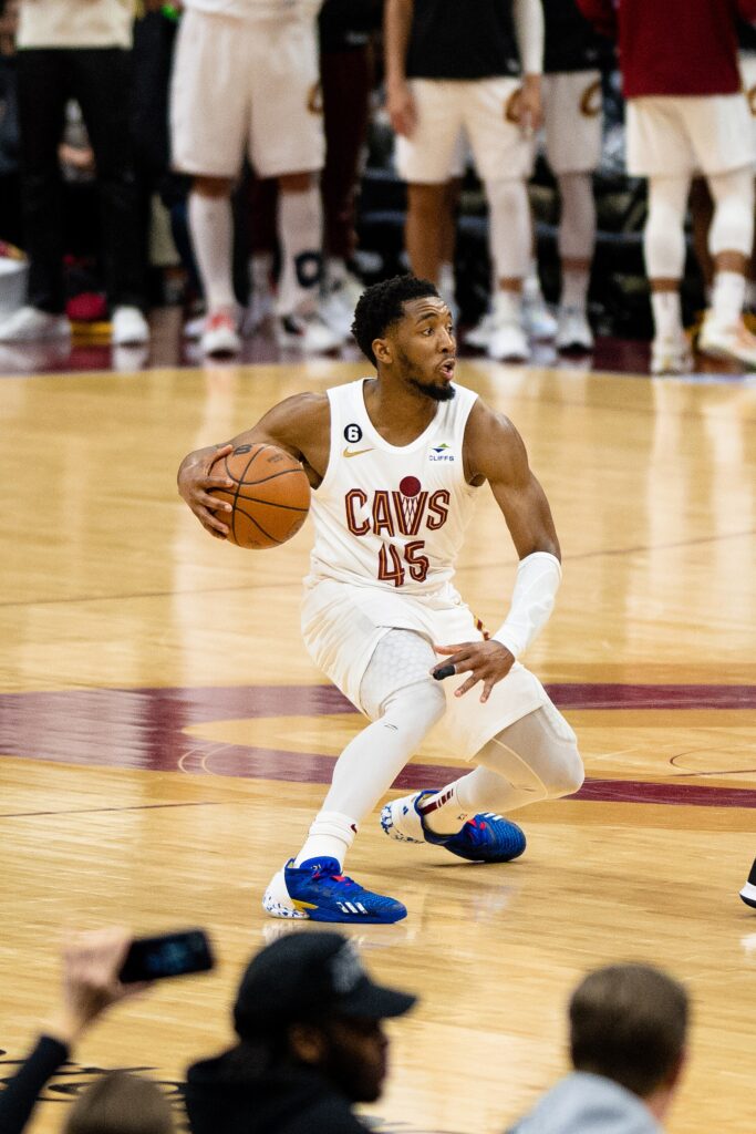 Donovan Mitchell of the Cleveland Cavaliers dribbling during a 2023 playoff game