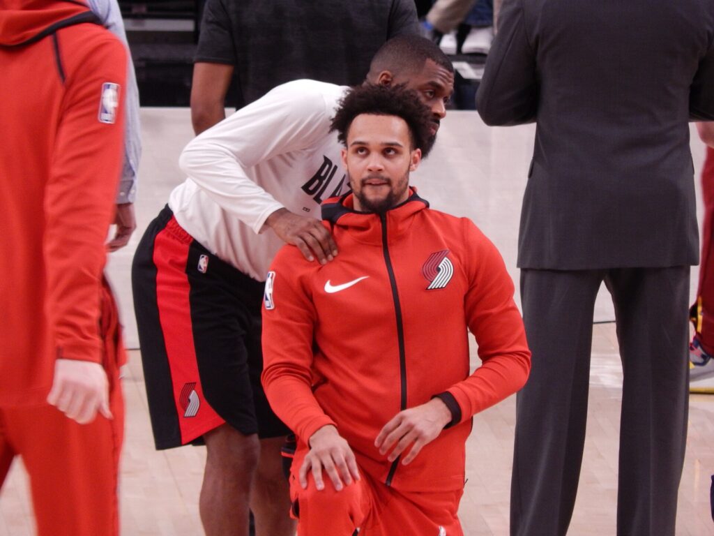 Gary Trent Jr. in a Trail Blazers jersey before a game, file photo