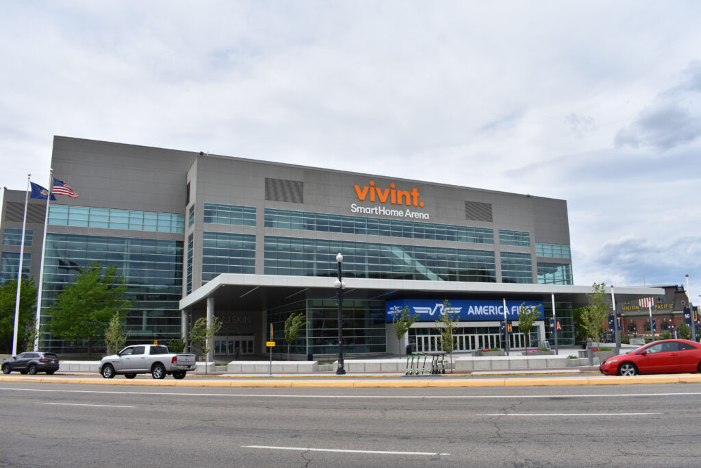 Utah Jazz arena exterior in May 2019, then named Vivint Smart Home Arena