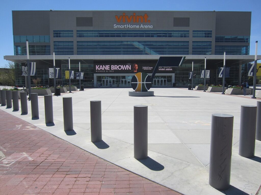 Utah Jazz arena exterior in April 2021, then named Vivint Arena.
