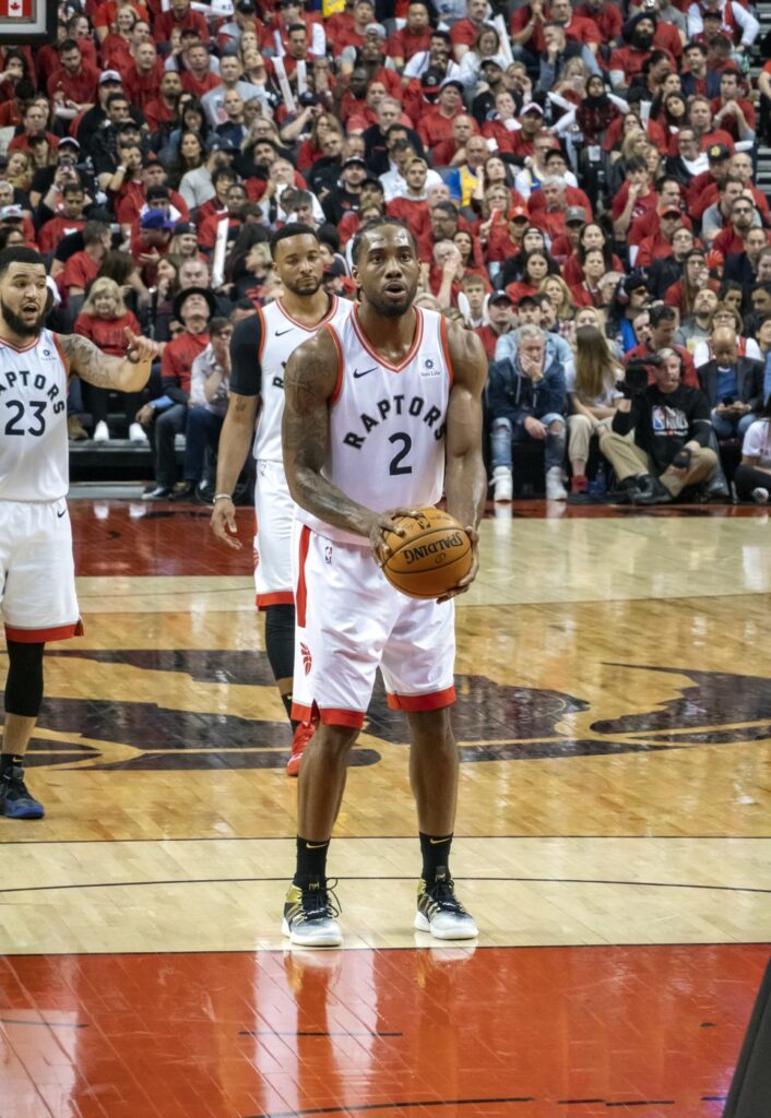 Kawhi Leonard shoots a free throw for the Toronto Raptors at the 2019 NBA Finals, his last previous game as a Raptor
