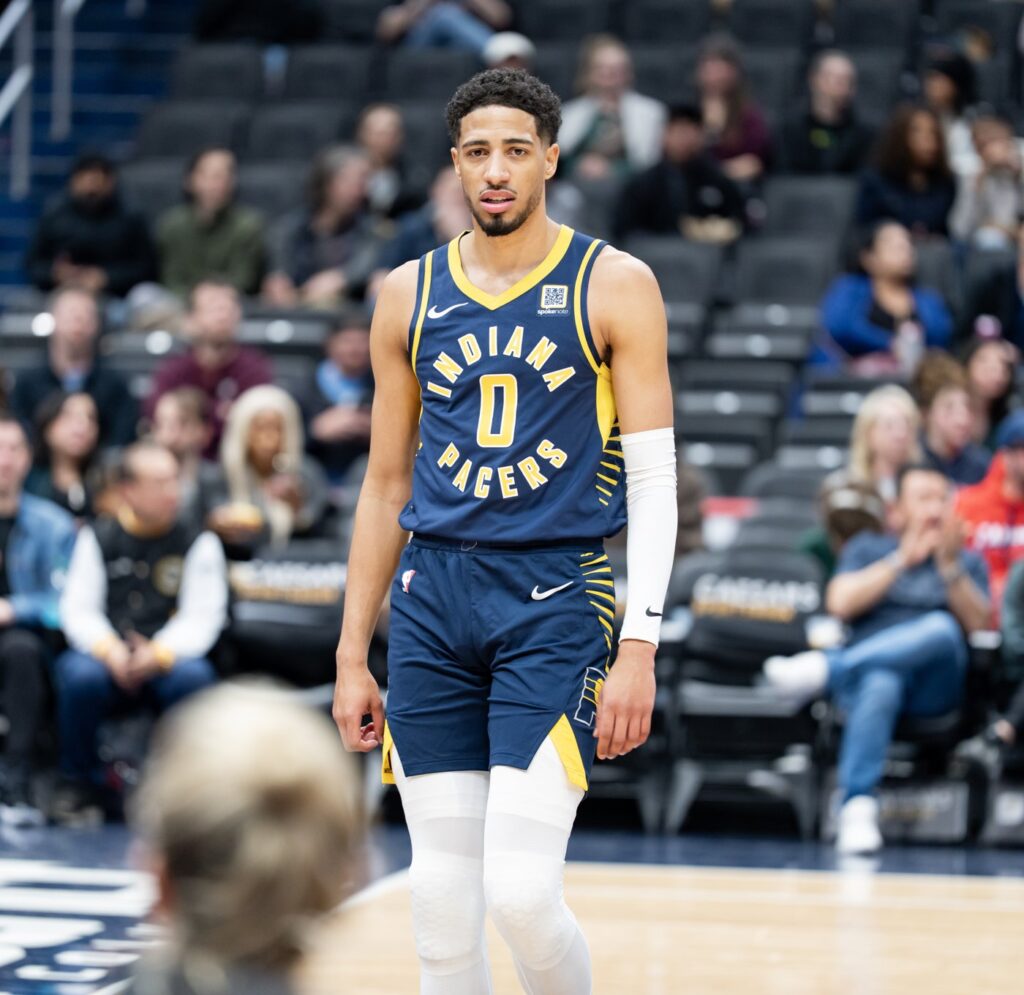 Tyrese Haliburton brings the ball up for the Indiana Pacers in a March 2025 file photo