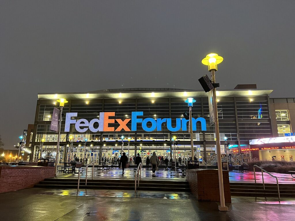 FedExForum in Memphis lit up at night.