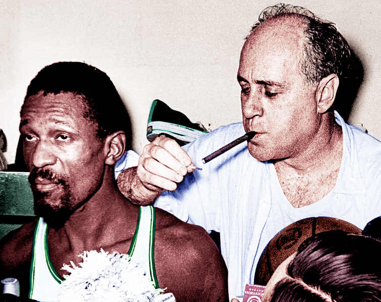 Bill Russell standing next to Red Auerbach after the 1966 NBA Finals
