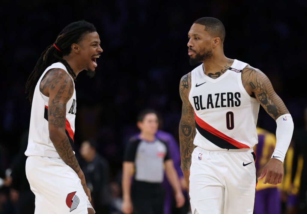 Ja Morant and Damian Lillard after the Trail Blazers beat the Lakers in Los Angeles