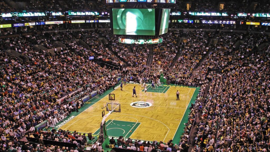 Fans fill TD Garden during a Boston Celtics home game, seen from the upper level