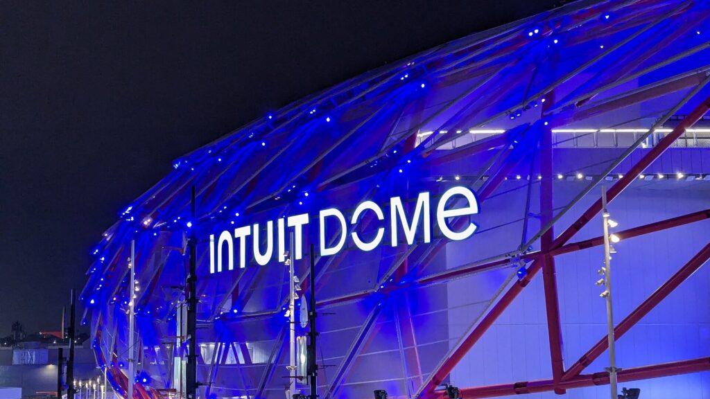 Exterior façade of Intuit Dome, home of the LA Clippers, in Inglewood