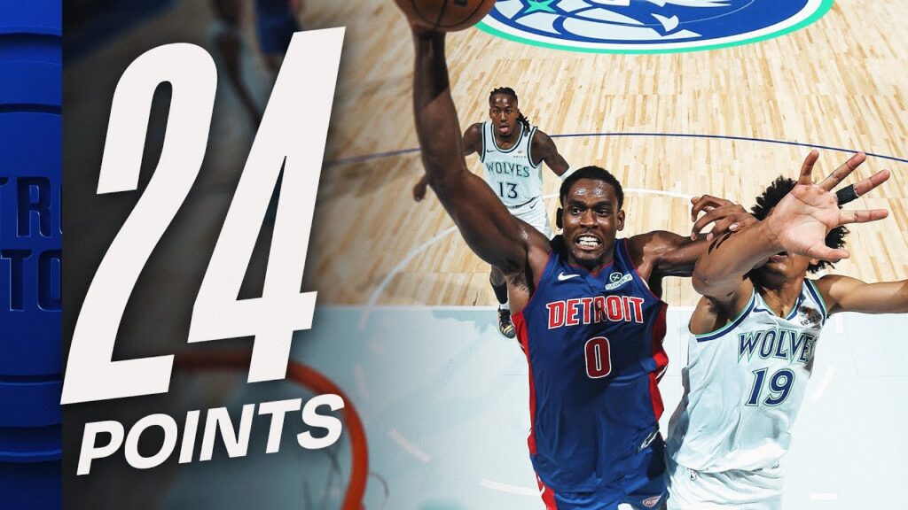 Jalen Duren scoring in Pistons at Timberwolves preseason action