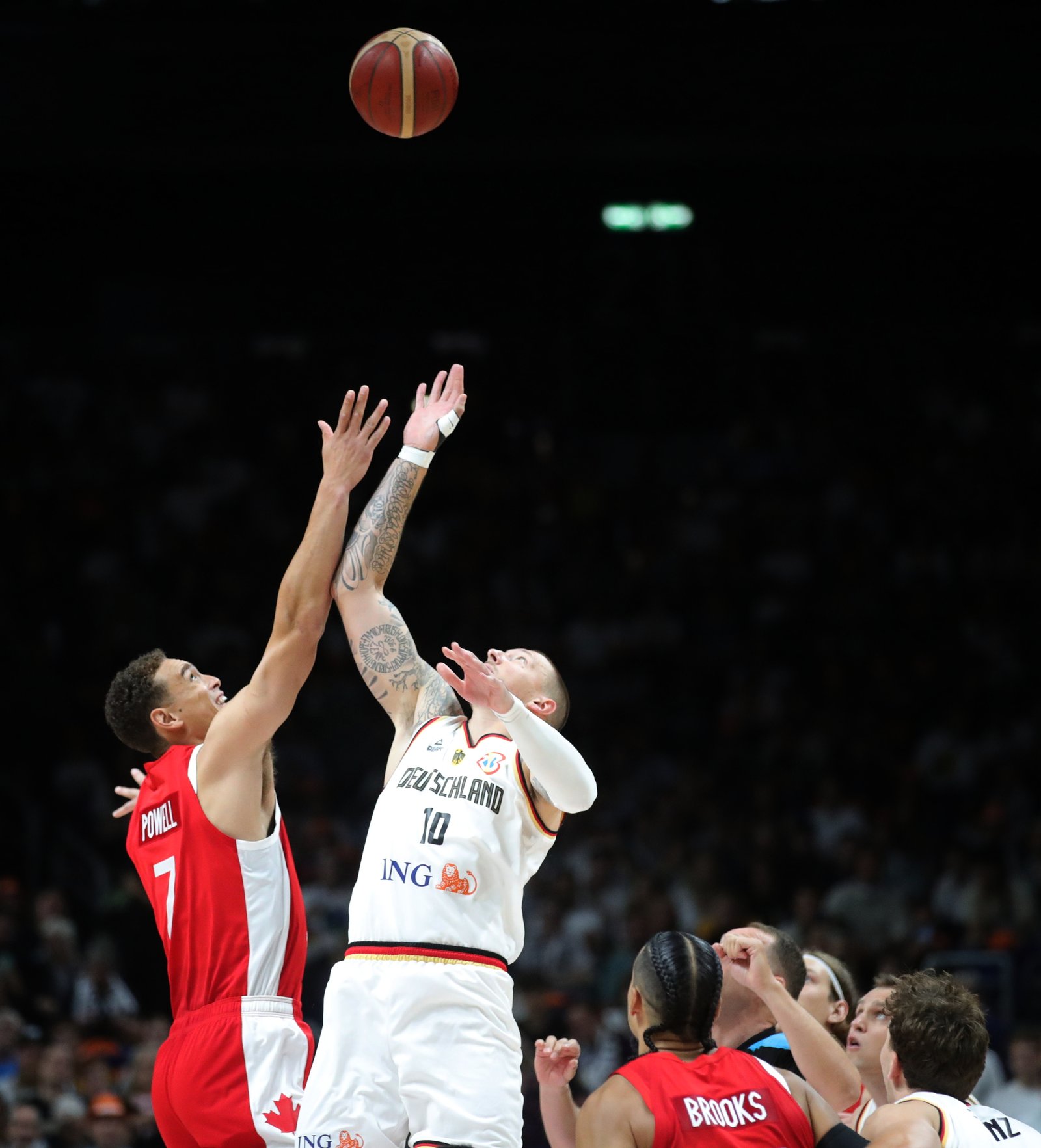 Dwight Powell in a Canada national team jersey during a 2023 exhibition against Germany