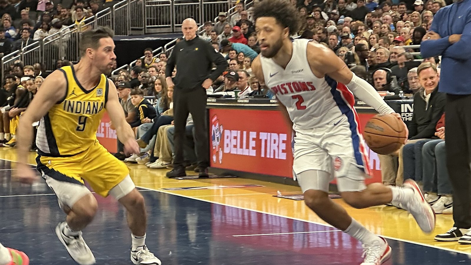 Cade Cunningham drives against the Indiana Pacers