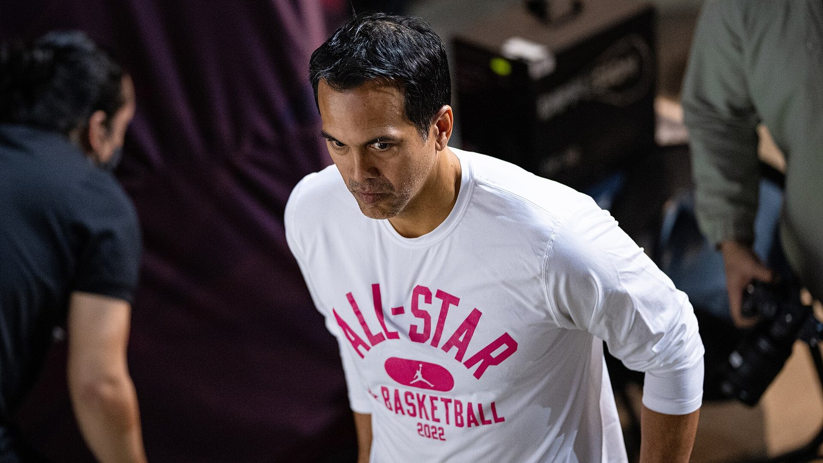 Heat coach Erik Spoelstra walks onto the floor
