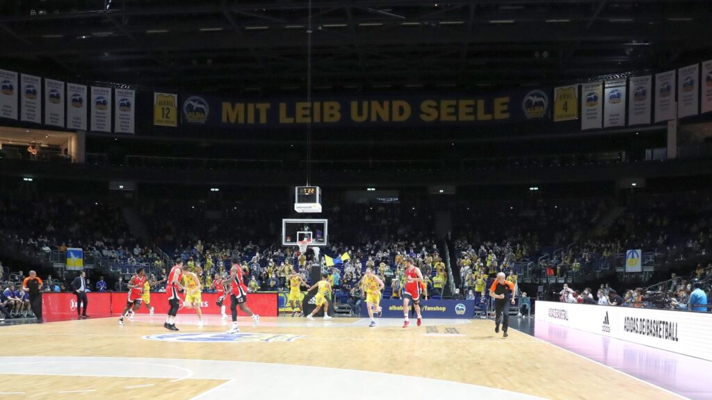 EuroLeague game between ALBA Berlin and Olympiacos inside a packed arena in Berlin