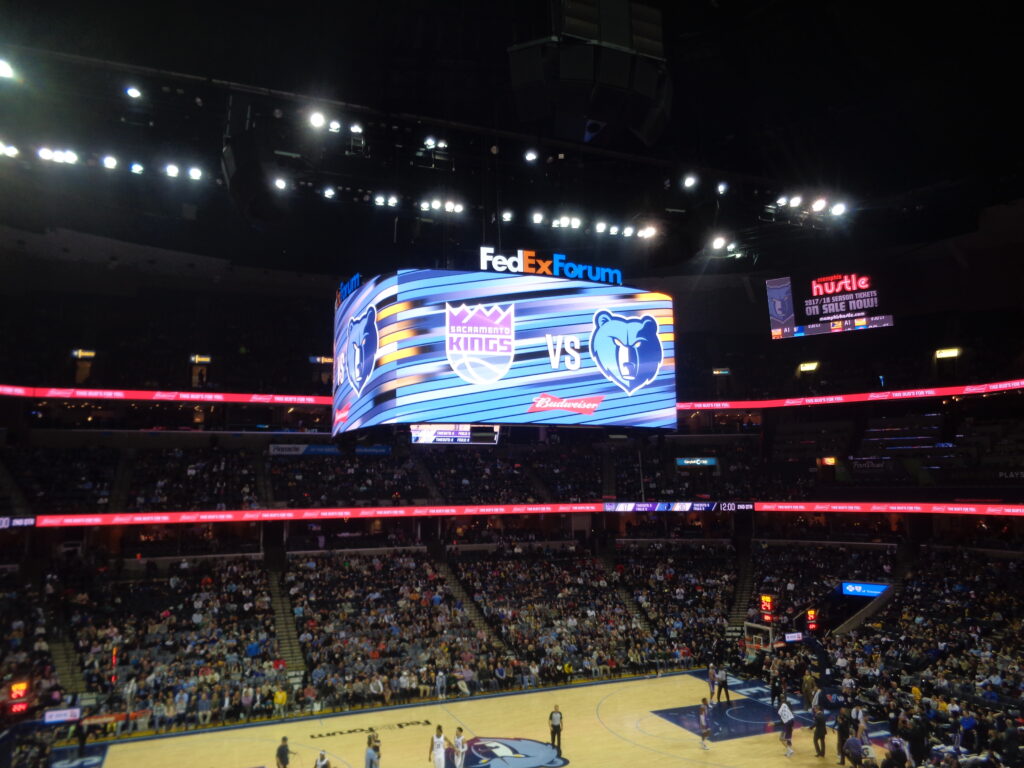 The center-hung scoreboard and Grizzlies basketball court inside FedExForum in January 2018.