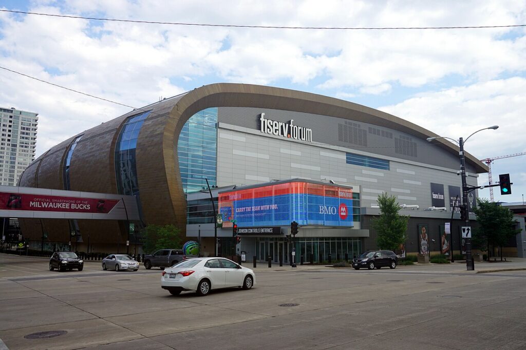 Fiserv Forum in Milwaukee, photographed from across the street in July 2023