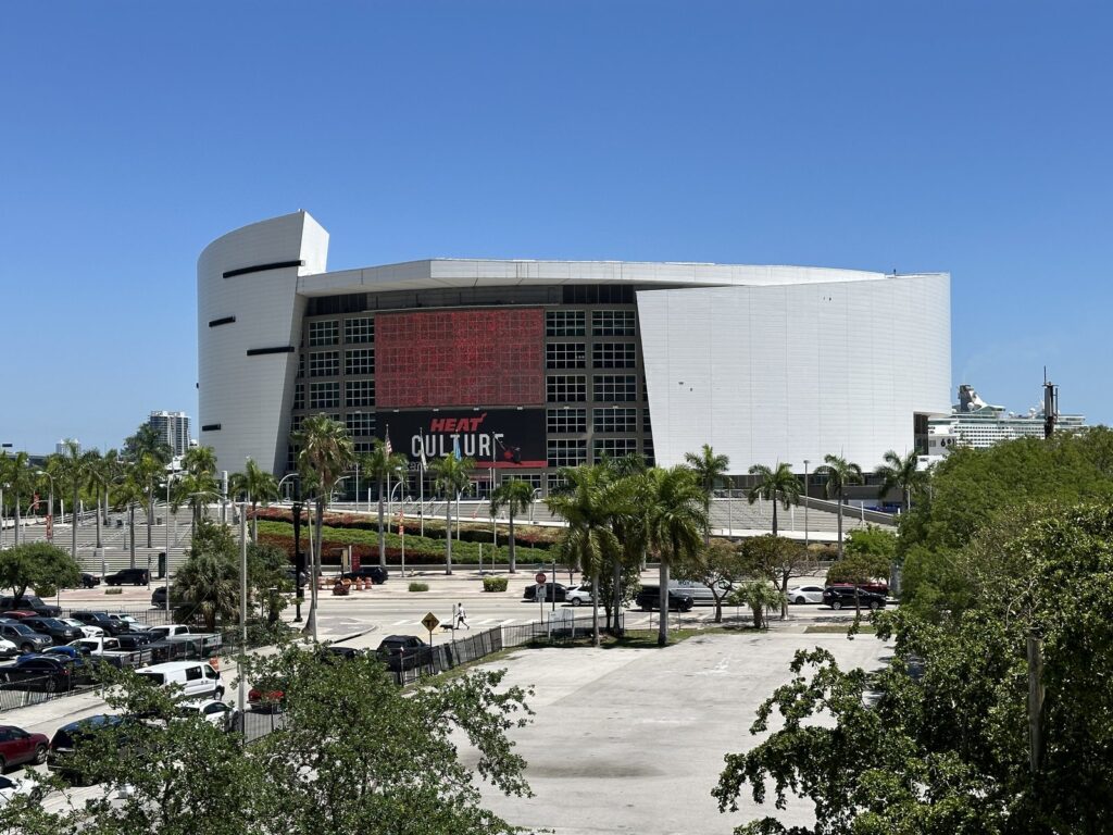 Exterior of Kaseya Center, home of the Miami Heat, in downtown Miami