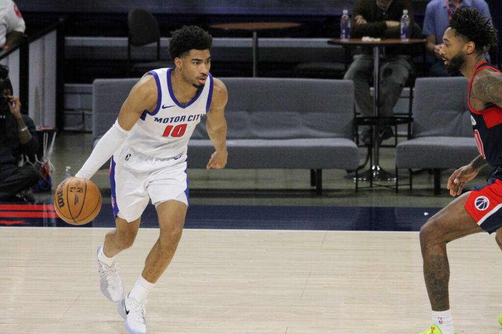 Jaden Akins dribbles for the Motor City Cruise in Washington, D.C., on January 9, 2026
