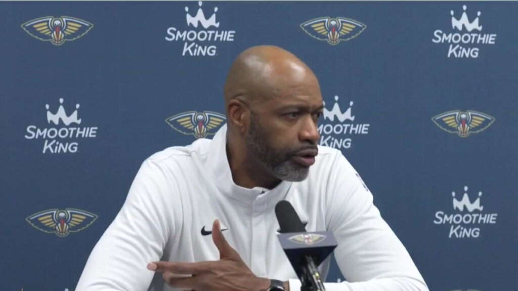Pelicans coach Jamahl Mosley speaks at a postgame news conference after the win over the Kings
