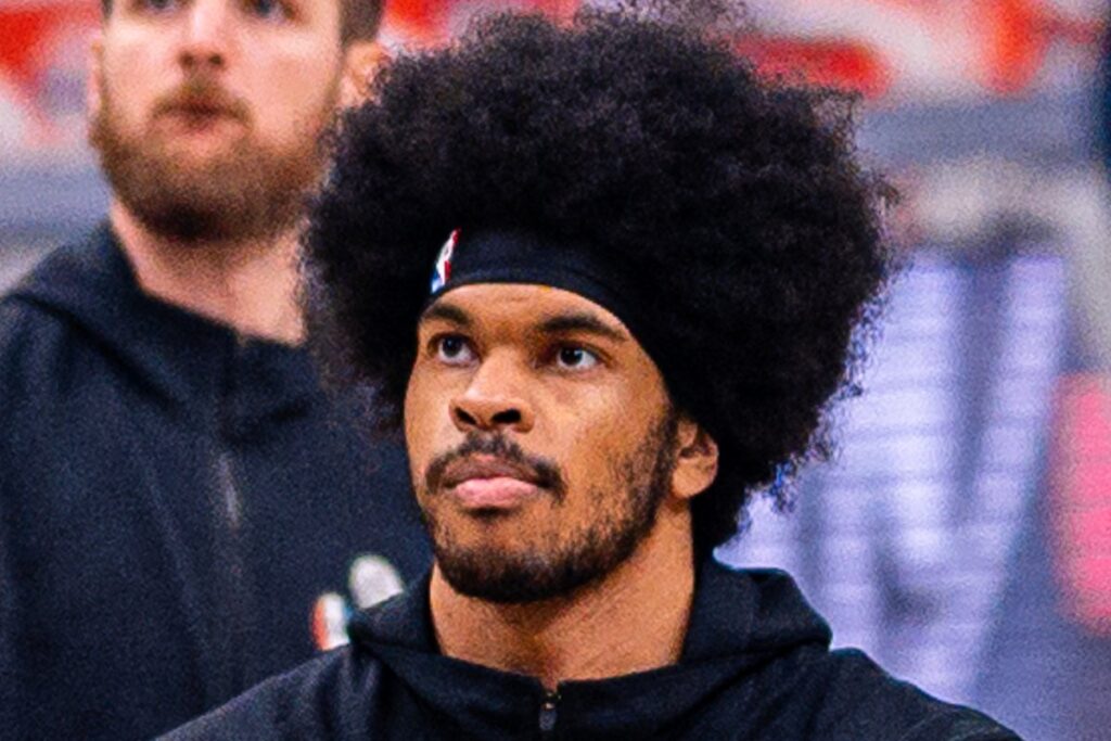 Jarrett Allen warming up before a game in a 2021 file photo