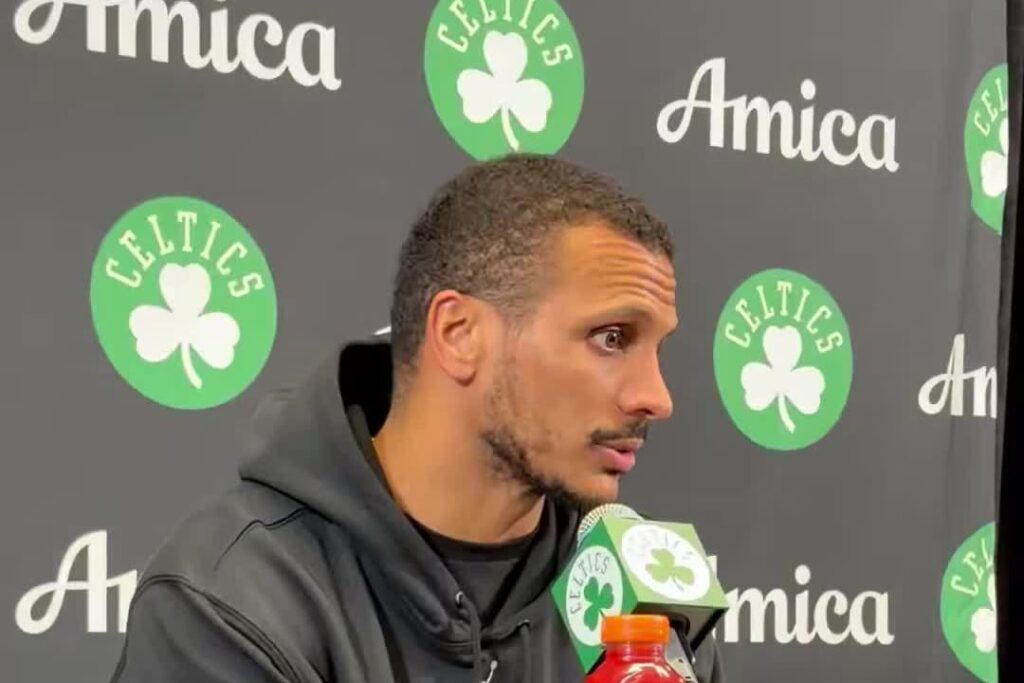 Celtics coach Joe Mazzulla speaks at his postgame news conference at TD Garden