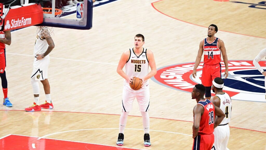 Nikola Jokic of the Denver Nuggets shooting a free throw against the Washington Wizards
