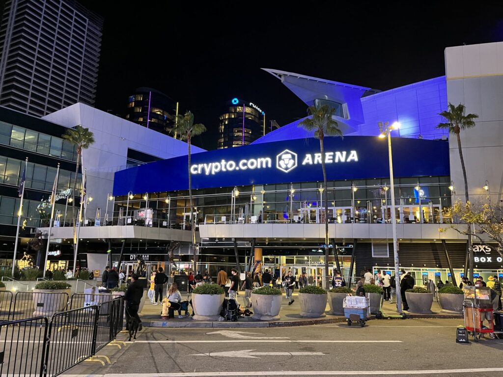 The Star Plaza entrance of Crypto.com Arena in Los Angeles at night
