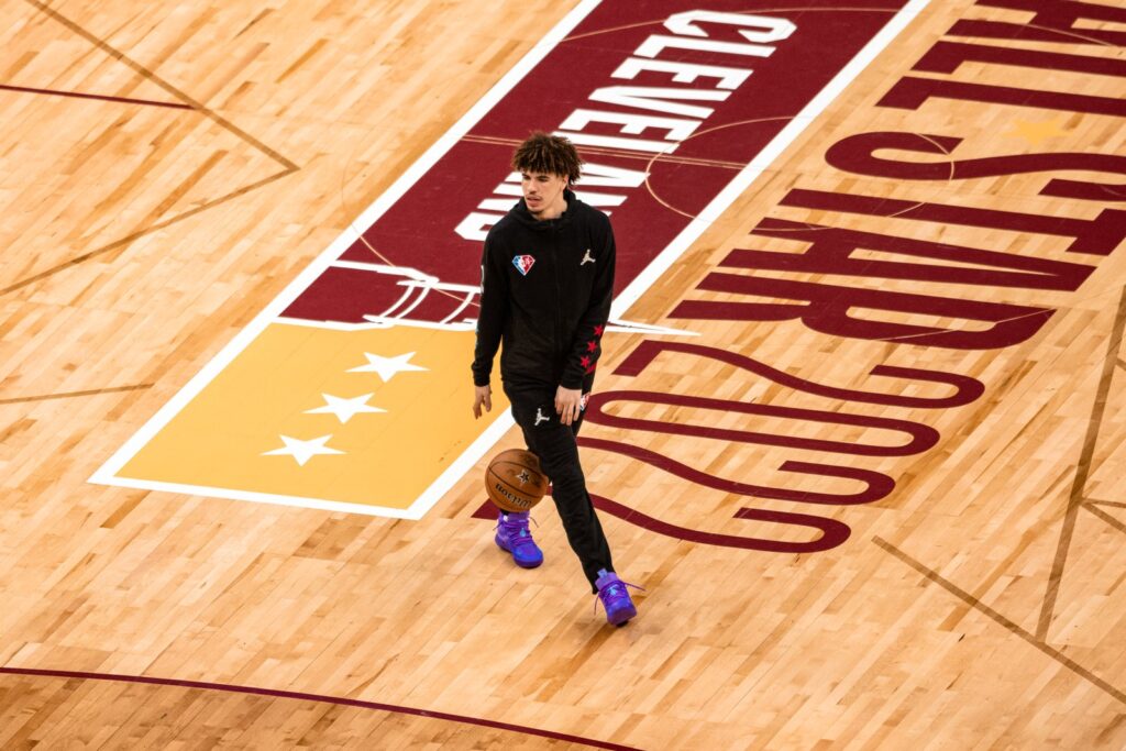 LaMelo Ball dribbling on the court during warmups at the 2022 NBA All-Star Game in Cleveland