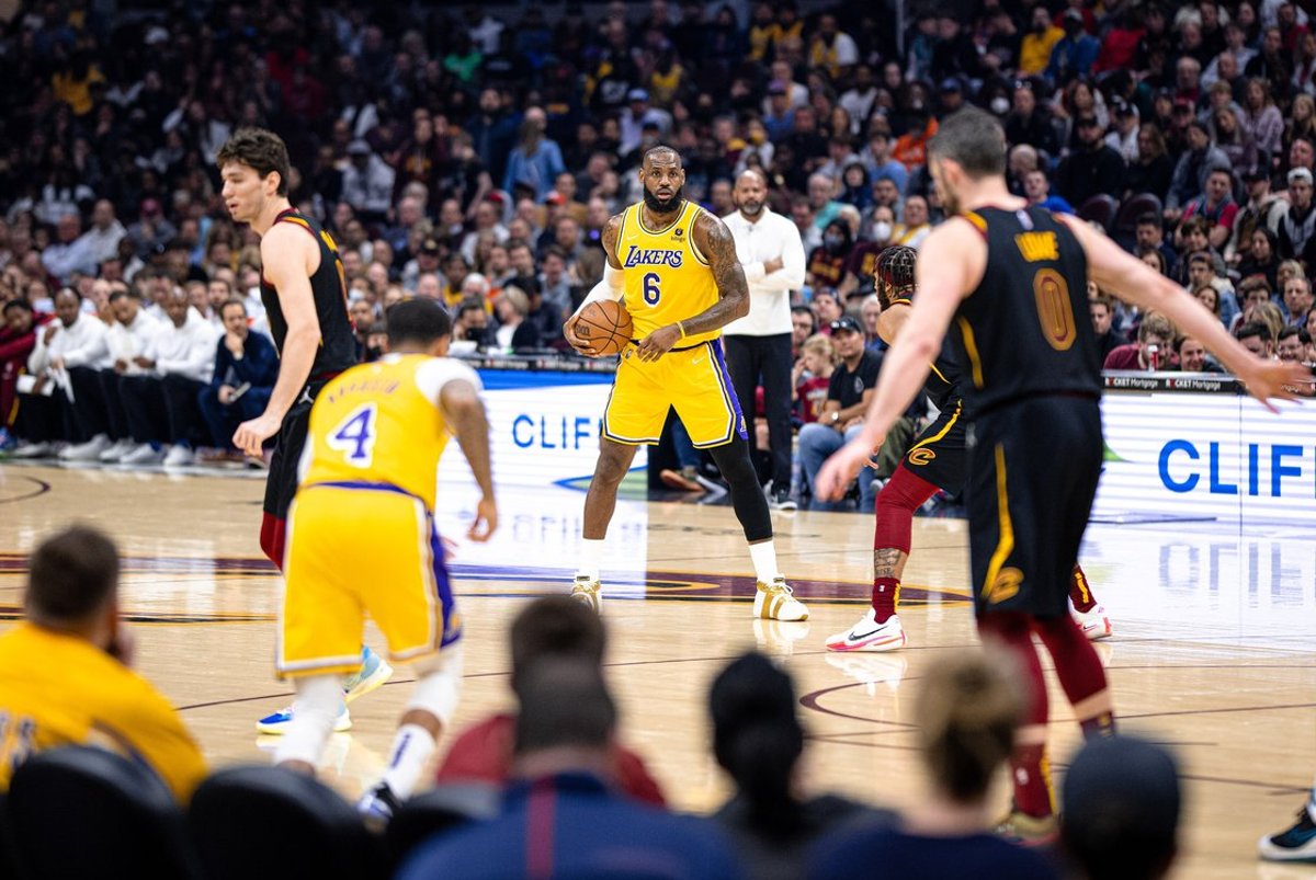 LeBron James brings the ball up the court during a game in Cleveland in March 2022
