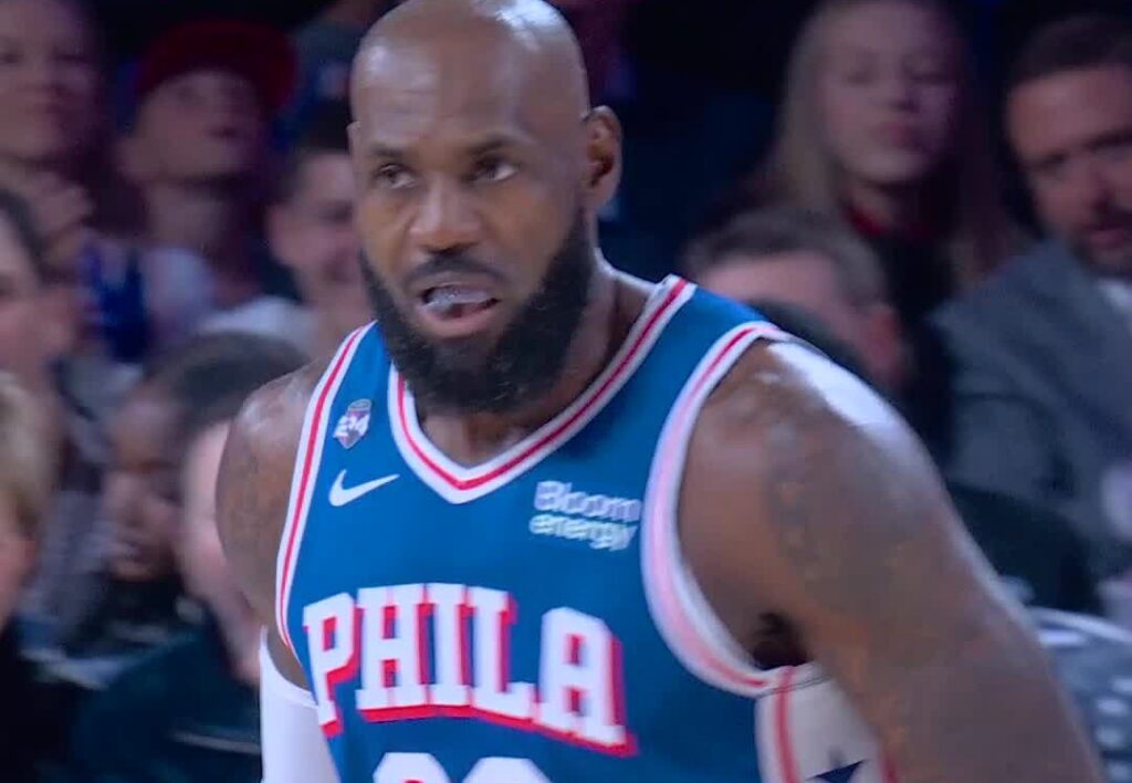 LeBron James of the Philadelphia 76ers during his home debut against the Cleveland Cavaliers