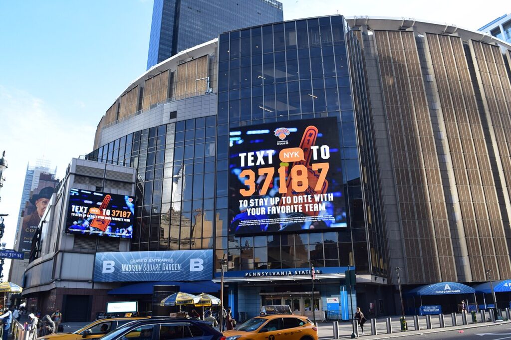 Madison Square Garden exterior with Knicks signage in October 2025