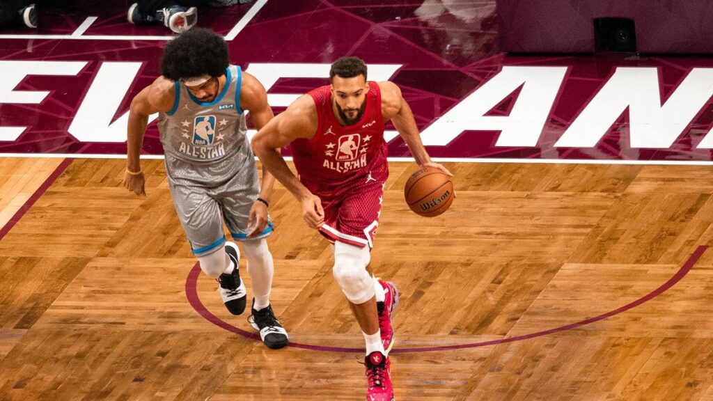 Rudy Gobert dribbling up the floor at the 2022 NBA All-Star Game in Cleveland