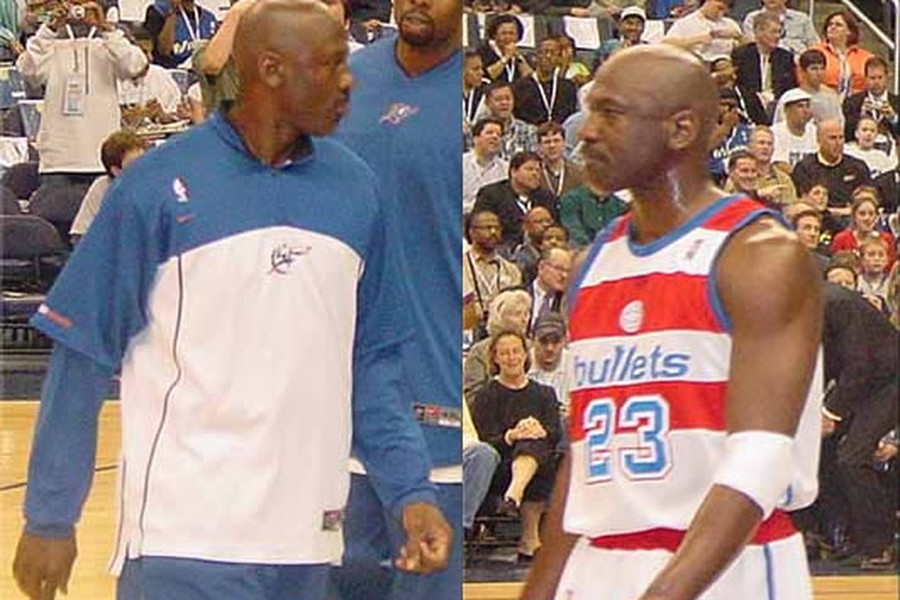 Michael Jordan in Washington Wizards warmups and in a red, white and blue Bullets throwback No. 23 jersey