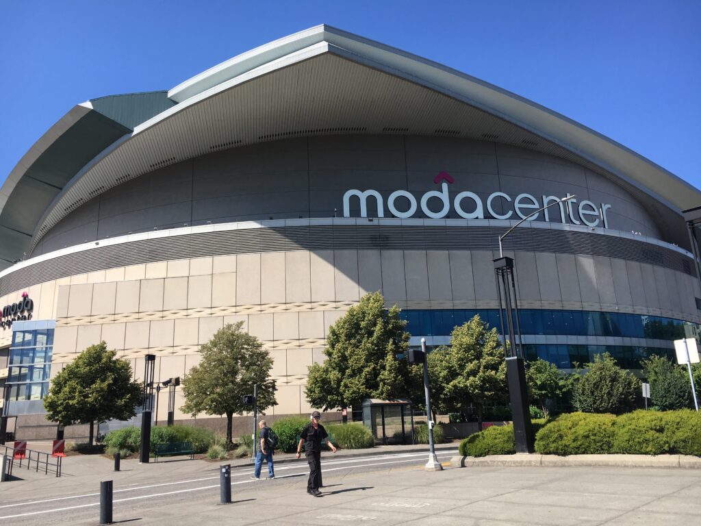 Archival exterior view of Portland's Moda Center in July 2019