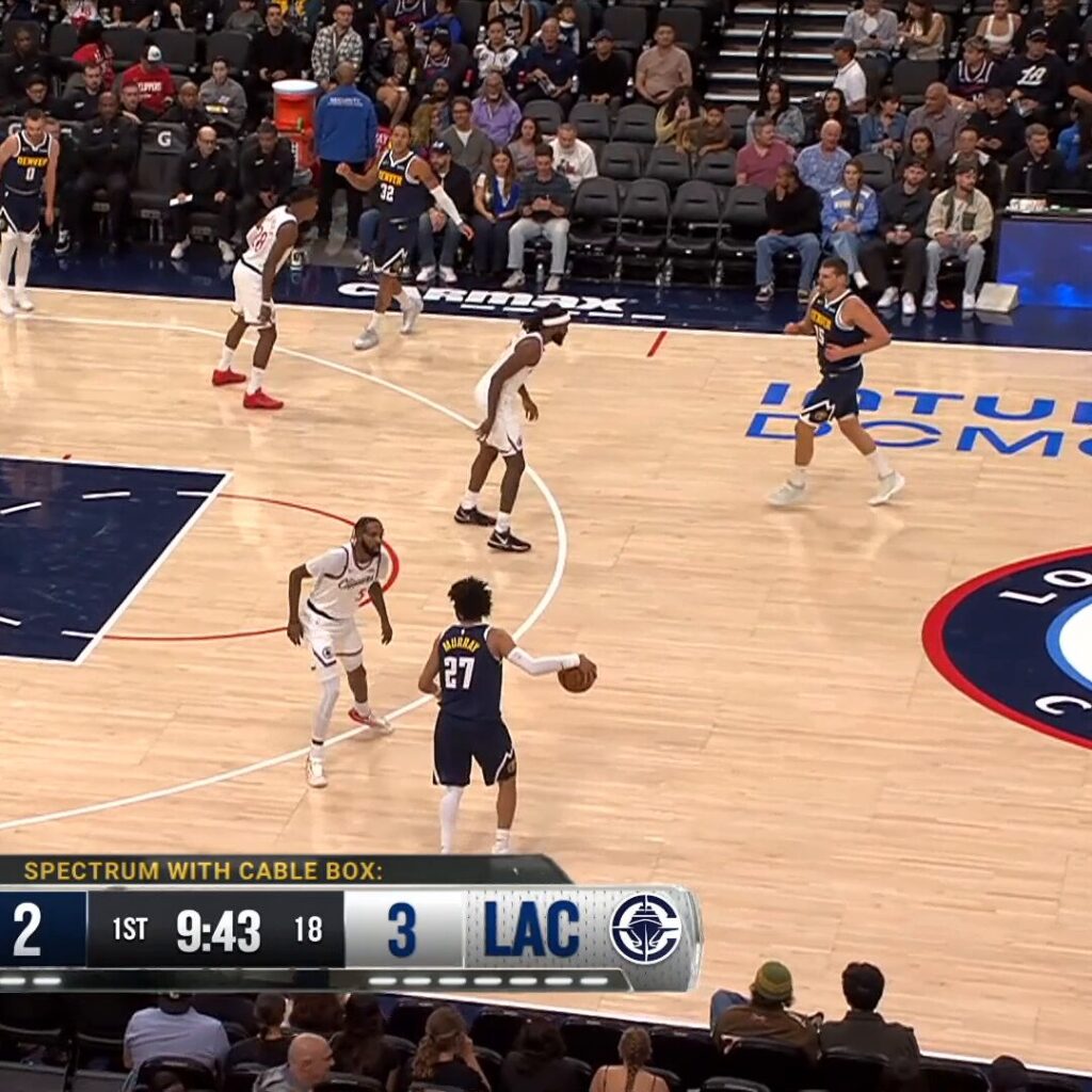 Jamal Murray and Nikola Jokic in a Denver Nuggets preseason game at the Clippers