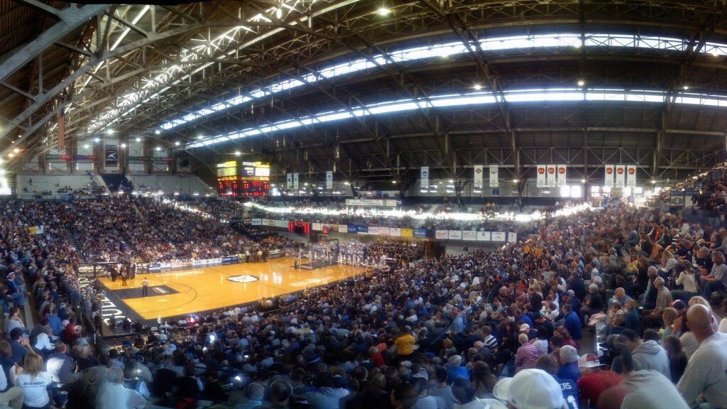 Fans fill Hinkle Fieldhouse in Indianapolis for a basketball game