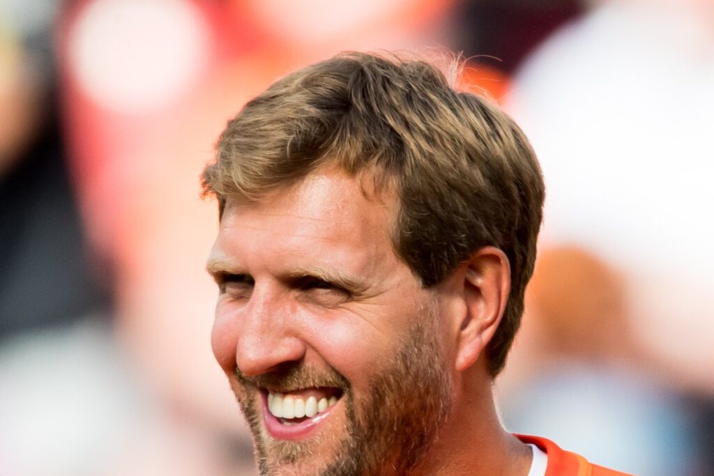 Dirk Nowitzki smiling at a charity game in Leverkusen in 2019