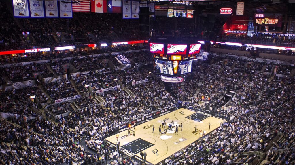 Fans fill the Spurs’ arena in San Antonio during an NBA playoff game