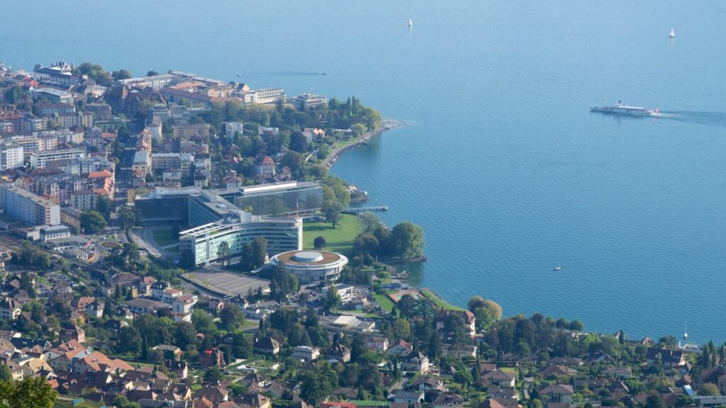 Nestlé headquarters buildings in Vevey Switzerland viewed from Mont Pèlerin