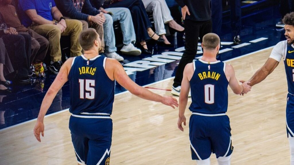 Nikola Jokić, Christian Braun, Cameron Johnson and Jamal Murray on the court for Denver against the Clippers