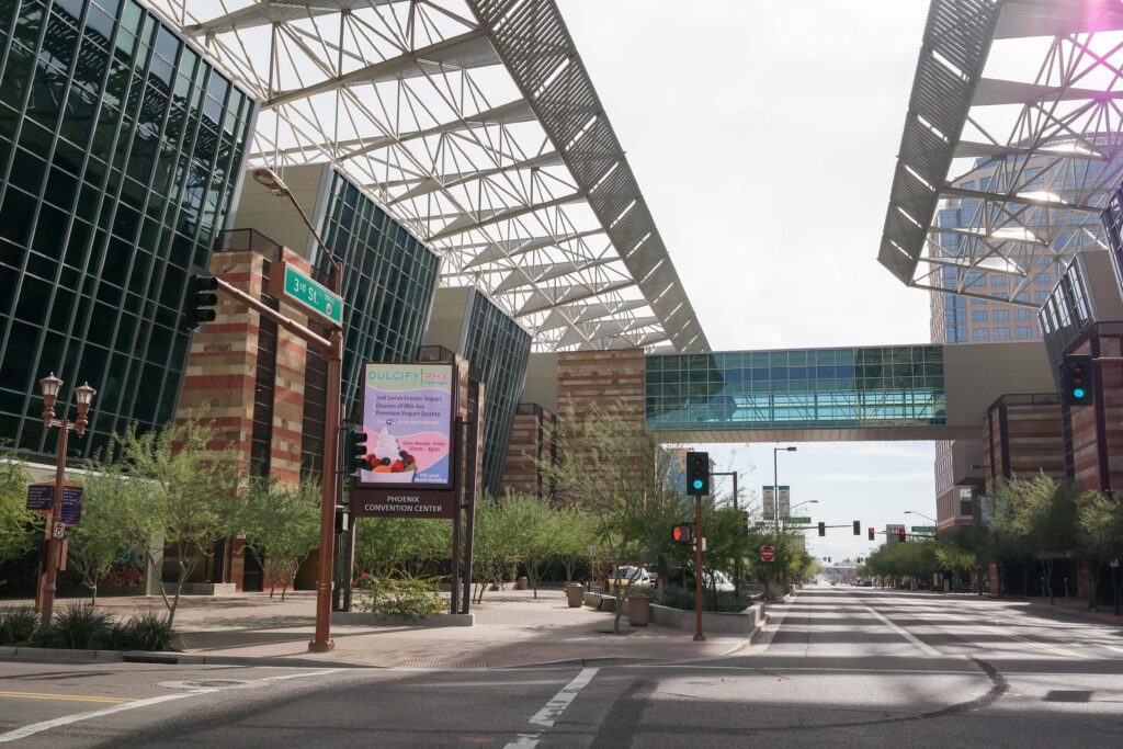 Phoenix Convention Center buildings and glass skybridge above Third Street in a 2013 photograph.
