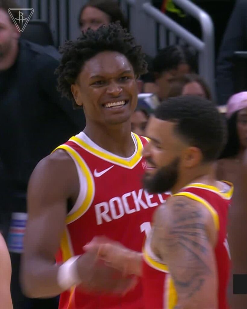 Amen Thompson and Fred VanVleet celebrate the win over Milwaukee