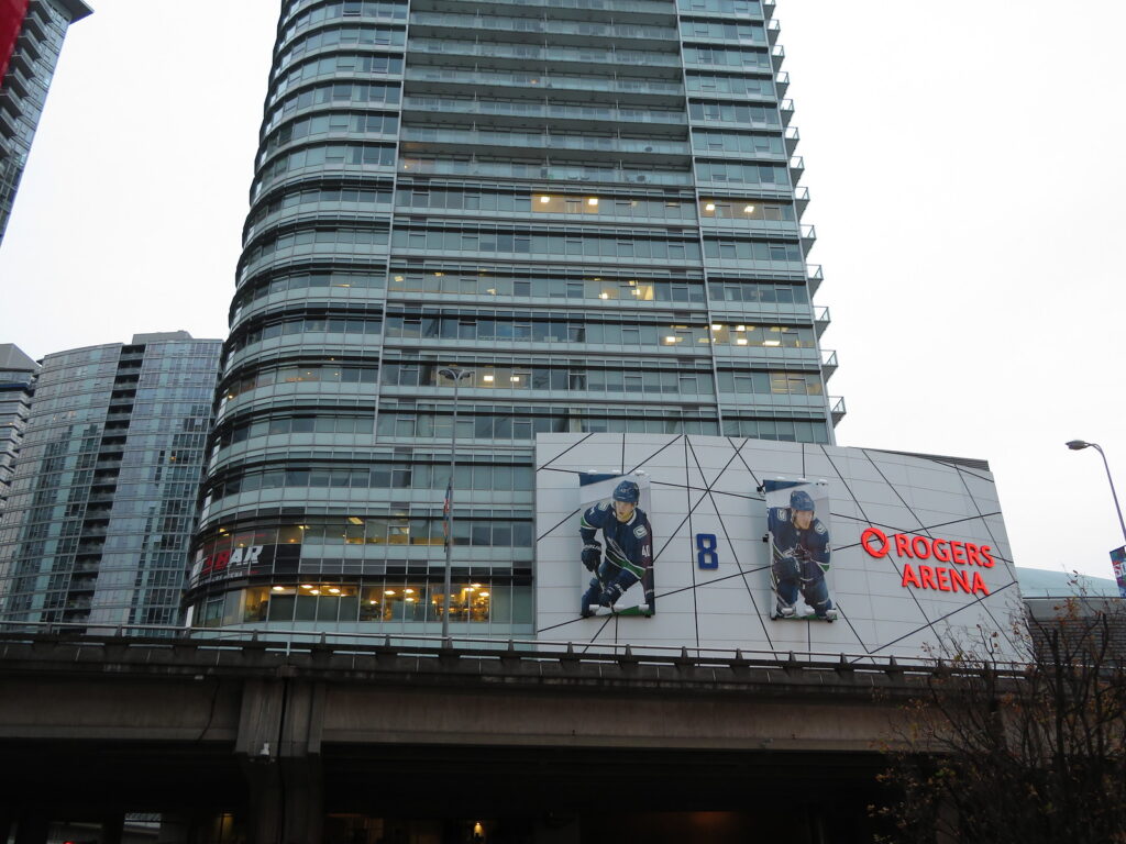 Rogers Arena exterior and Gate 8 signage in Vancouver, photographed in December 2019.