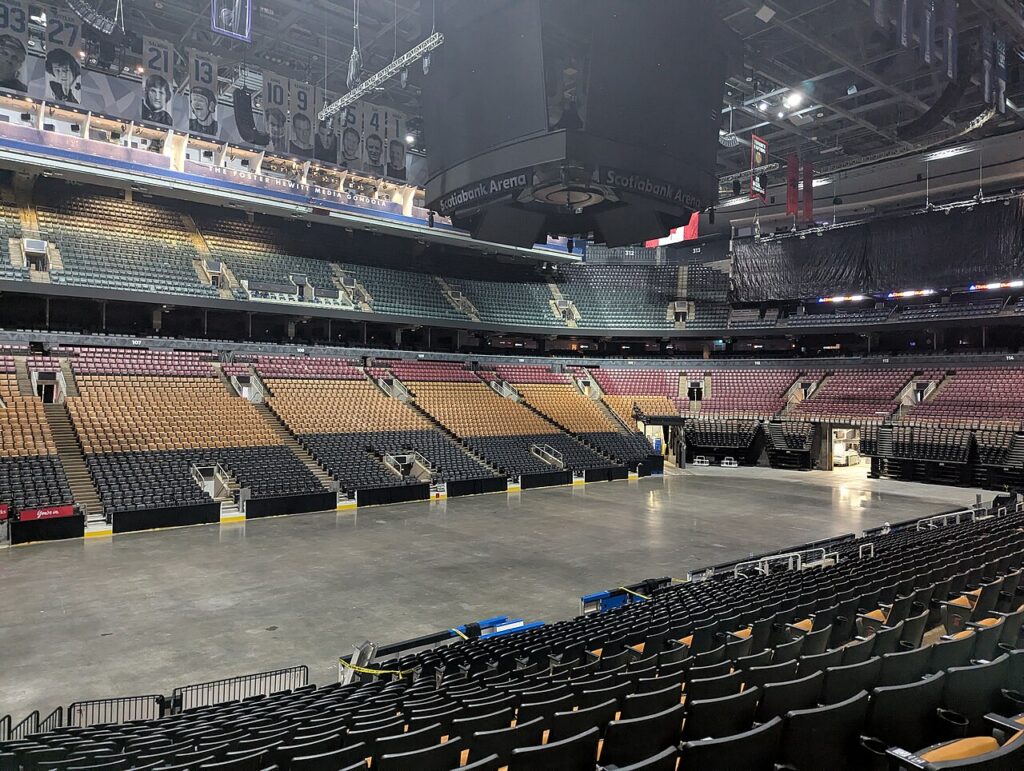 Interior of Scotiabank Arena in Toronto, with empty seating and floor, on June 15, 2025