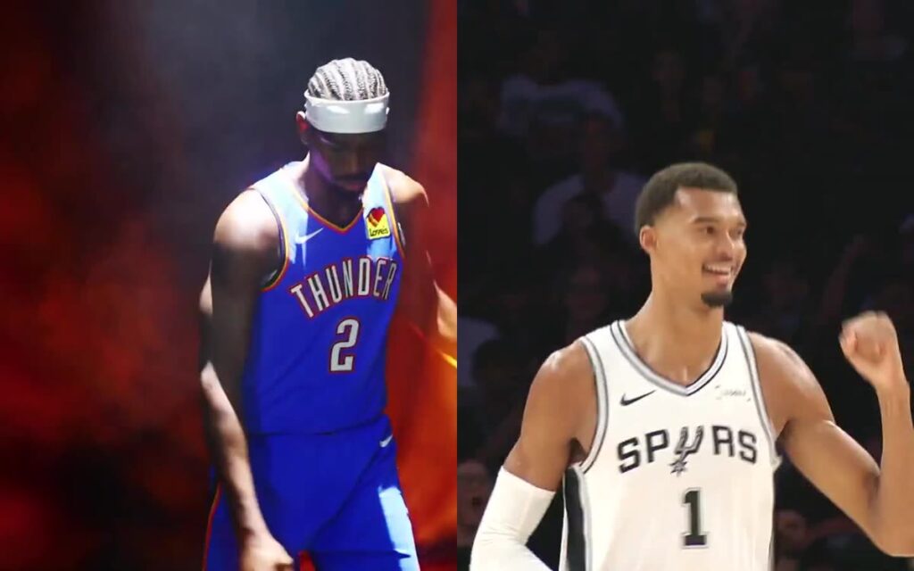 Shai Gilgeous-Alexander in a Thunder jersey and Victor Wembanyama in a Spurs jersey, side by side