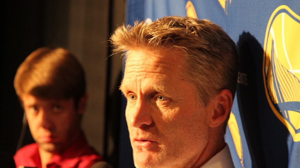Golden State Warriors coach Steve Kerr speaking to reporters