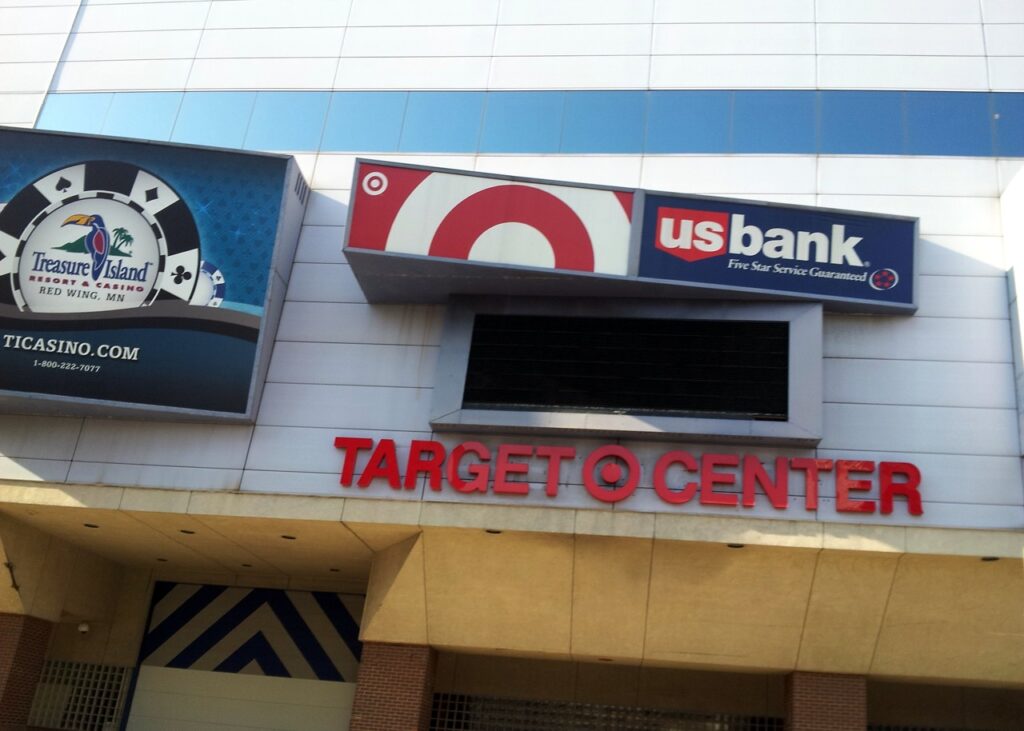 Target Center entrance and arena signage in Minneapolis, photographed in August 2013