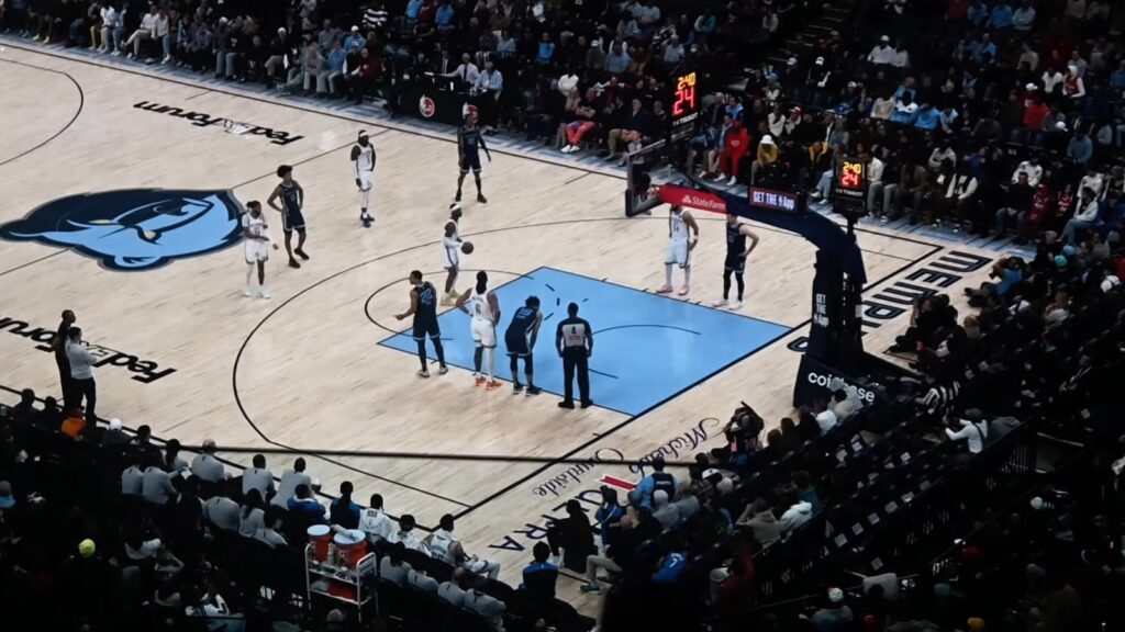 Shai Gilgeous-Alexander of the Thunder at the free-throw line against the Grizzlies in Memphis, seen from the upper deck