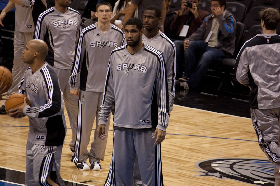 Tim Duncan of the San Antonio Spurs standing on the court during a game