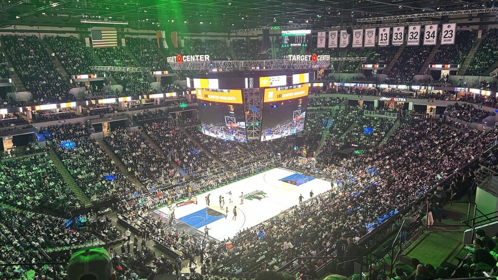 A packed Target Center seen from the upper deck as the Minnesota Timberwolves prepare to play the Phoenix Suns