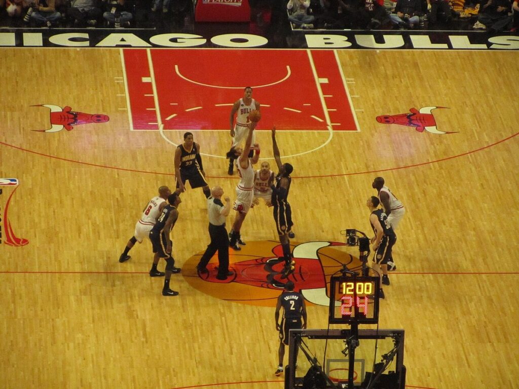 File photo: Opening tip of a Bulls–Pacers playoff game in Chicago, 2011. Tony B. · CC BY-SA 2.0. Resized.